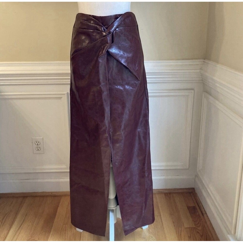Commense Dark Brown Faux Leather Maxi Skirt with Front Knot - Picture 2 of 8